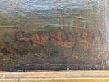 a close up of a painting of a person walking on a sidewalk