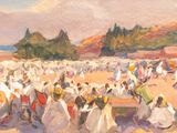 an oil painting of a large group of people walking in a field