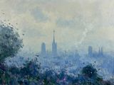 tableau représentant une vue d'une ville depuis une colline, avec des arbres et des fleurs