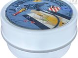 a white container with a picture of a plane on it