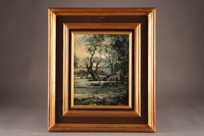 an oil painting of a landscape with a river in the foreground