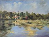 une image représentant un tableau d'un lac avec une maison en arrière-plan