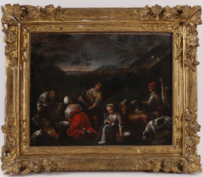 an oil painting of a group of people and animals in a landscape