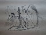 a drawing of a man riding a bike on the street