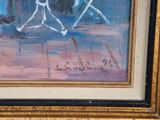 a painting of a man and a woman walking down the street