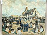 un tableau représentant un groupe de personnes debout devant une église