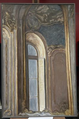 un tableau représentant une fenêtre dans une pièce aux murs rouges