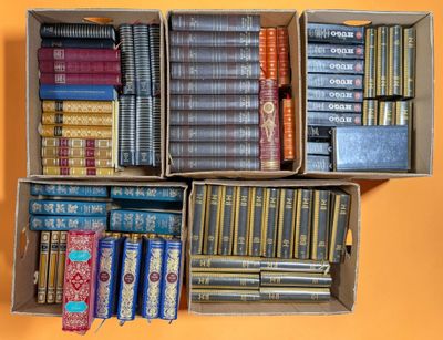 many books in a box on a yellow surface