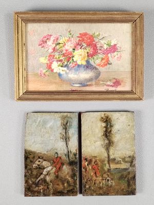 tableau représentant un vase de fleurs posé sur une table, à côté d'un tableau représentant un homme