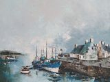 a painting of a harbor scene with boats in the water