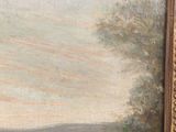 an oil painting of a boat on a river with a sky background