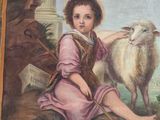 a painting of a young boy with a sheep in a field