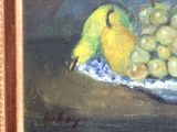 a painting of a bowl of fruit and a pear on a table
