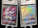 Deux cartes Pokémon sont présentées dans des pochettes en plastique sur un fond noir.