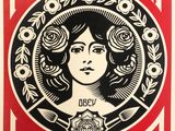 a red and black poster with a woman ' s face in the center