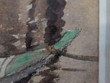 a picture of a painting of a boat with smoke coming out of it