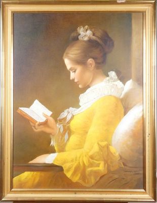 painting of a woman in a yellow dress reading a book