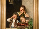 une image représentant un tableau où l'on voit trois enfants avec un panier de légumes