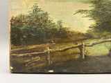 une peinture à l'huile représentant un homme debout sur un pont au bord d'une rivière