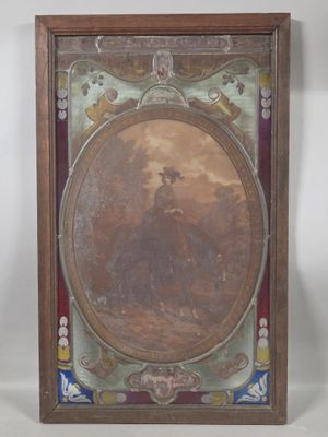 an old picture frame with a painting of a woman in a landscape