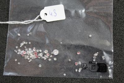 a clear bag with some silver and red crystals on it