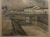 pencil drawing of a view of a city with a bridge and buildings