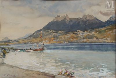 un tableau représentant un bateau sur l'eau, avec des montagnes en arrière-plan