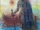 dessin représentant un homme coiffé d'une couronne, tenant une croix et debout dans l'eau
