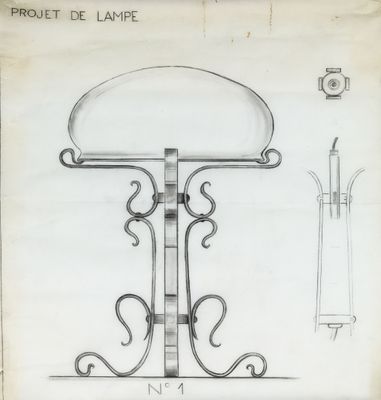 an old drawing of a lamp with a design on it
