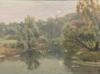 painting of a river scene with trees and water in the foreground