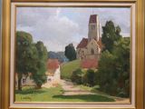 an oil painting of a church on a hill with trees in the foreground