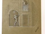 an image of a drawing of a man standing in front of a building