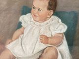 painting of a baby in a white dress sitting on a blue cushion