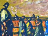 painting of a group of people in a field with a sky in the background
