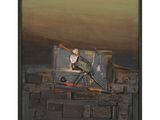 painting of a man sitting on top of a suitcase with a gun
