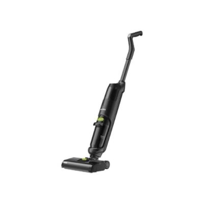 un aspirateur noir et vert sur fond blanc