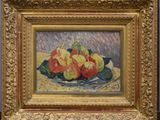 a painting of apples on a plate on a table