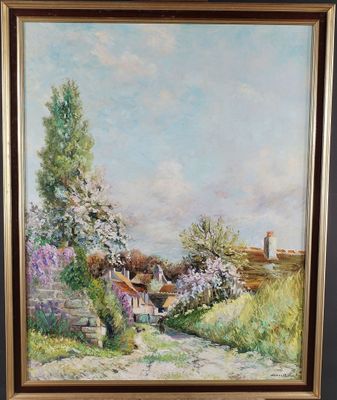 une peinture à l'huile représentant une route de campagne avec des maisons et des arbres en arrière-plan