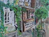 une peinture à l'huile représentant un bâtiment sur le côté duquel se trouve une horloge