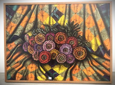 a picture of a painting of flowers in a vase on a table