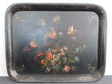 a black tray with a painting of flowers and birds on it