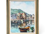 framed oil painting of a harbor scene with boats in the water