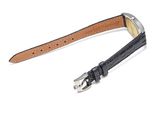 a black leather watch strap with a silver buckle on a white background
