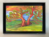 painting of a tree in a field with a blue sky in the background