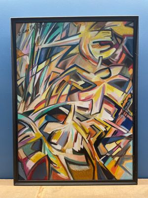peinture représentant une œuvre aux formes abstraites sur un mur bleu