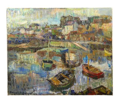 an oil painting of boats in a harbor with buildings in the background