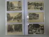 several old postcards of a city street with people walking on the sidewalk