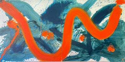 a picture of a painting with orange and blue colors