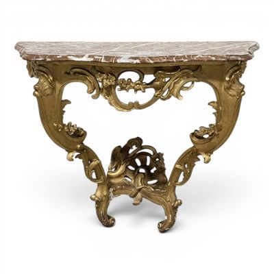 table console ancienne avec un plateau en marbre et un décor à la feuille d'or