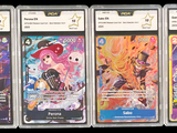 four different pokemon cards on display on a black background